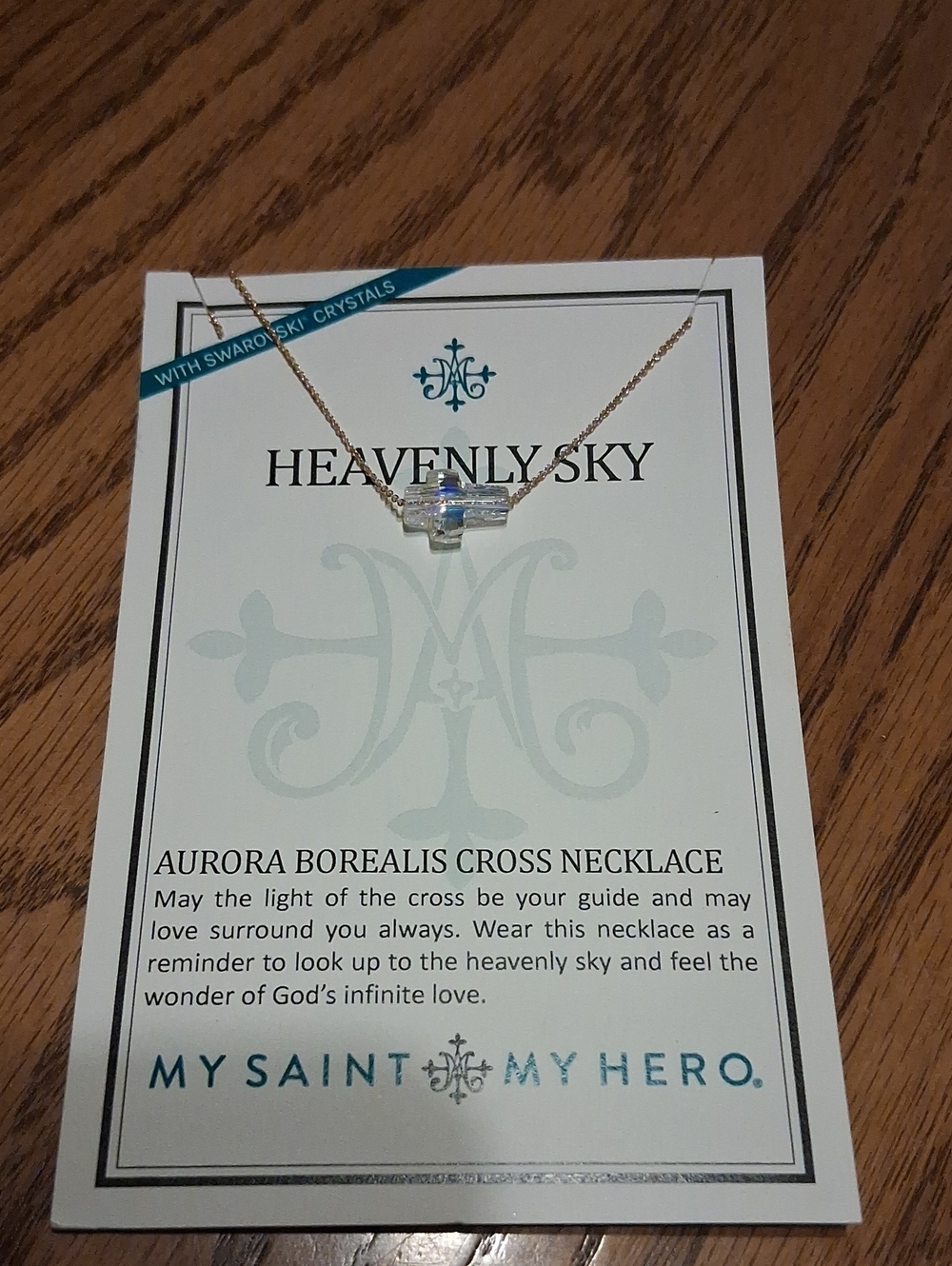 Heavenly Sky Aurora Borealis Cross Necklace - Gold Tone with Iridescent Crystal